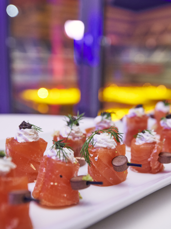 Food offer in the hospitality area, featuring a selection of gourmet dishes for guests