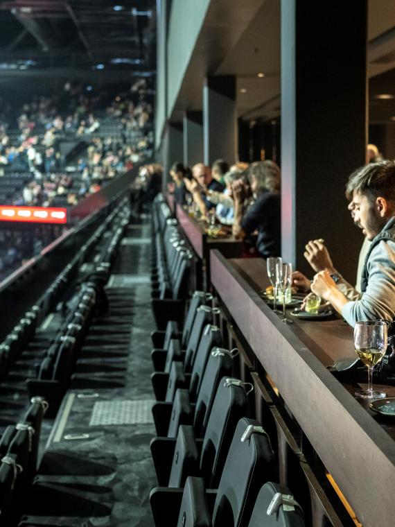 View of the hospitality area from the seats at the LDLC Arena, showcasing premium seating with a clear view of the stage and exclusive amenities