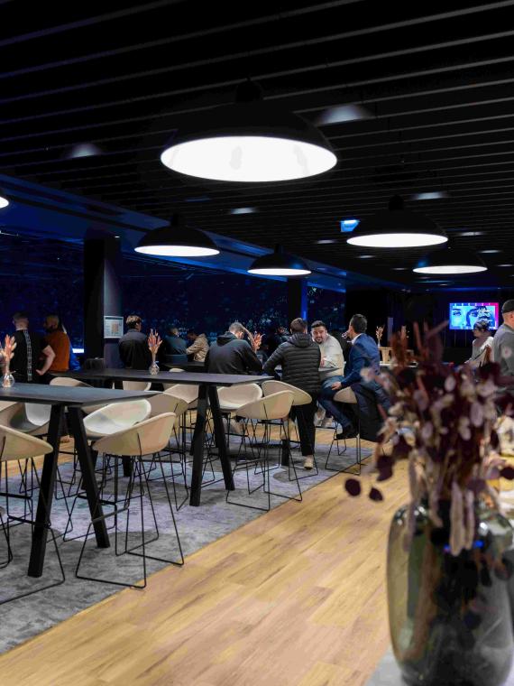 Premium hospitality lounge area Les Terrasses at the LDLC Arena, offering a luxurious space with exclusive services, comfortable seating, and an elevated concert experience