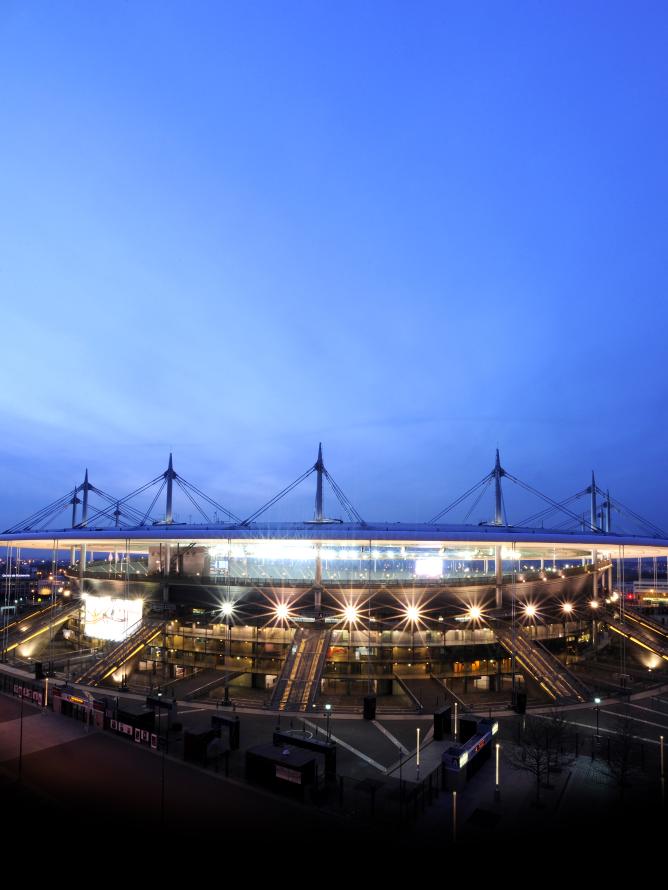 Exterior night view of the Stade de France which will host the Rugby World Cup France 2023