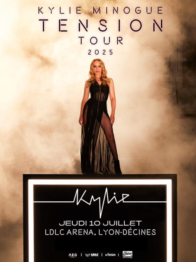 Affiche officielle du 'Tension Tour 2025' de Kylie Minogue, annonçant les dates et lieux des concerts de sa tournée