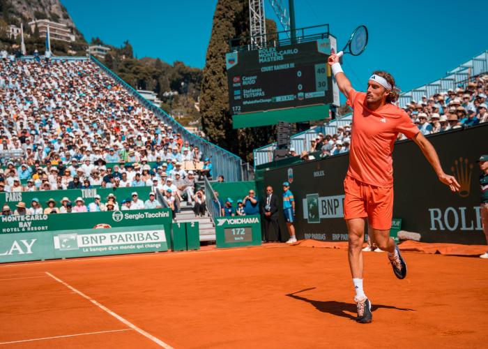 Tennis player Stefanos Tsitsipas playing in Monte Carlo final